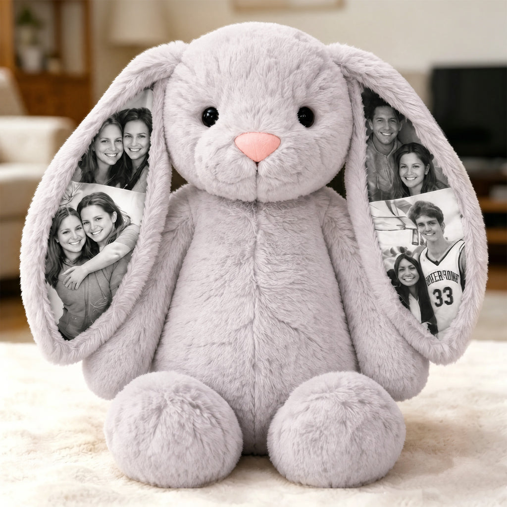 Custom Photo Bunny Plush Personalized Hidden Ear Picture Gift for Couples Anniversary Mother's Day Gifts
