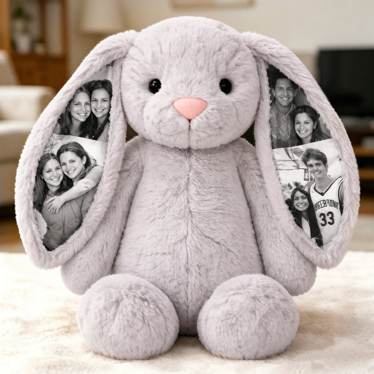 Custom Photo Bunny Plush Personalized Hidden Ear Picture Gift for Couples Anniversary Mother's Day Gifts