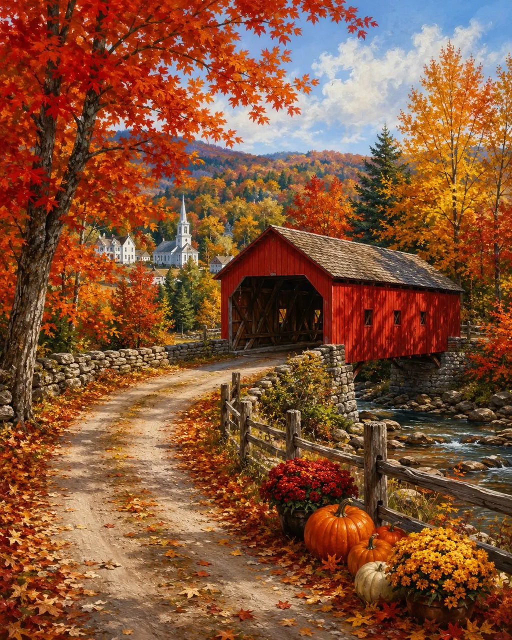 New England Fall Covered Bridge Wall Art Print – 12×16