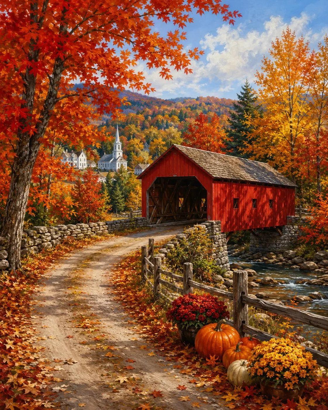 New England Fall Covered Bridge Wall Art Print – 12×16