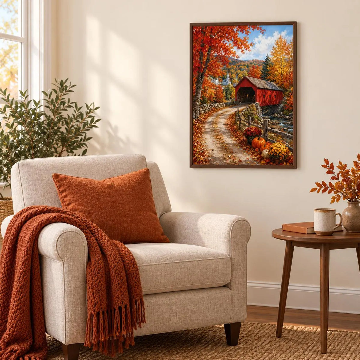 New England Fall Covered Bridge Wall Art Print – 12×16