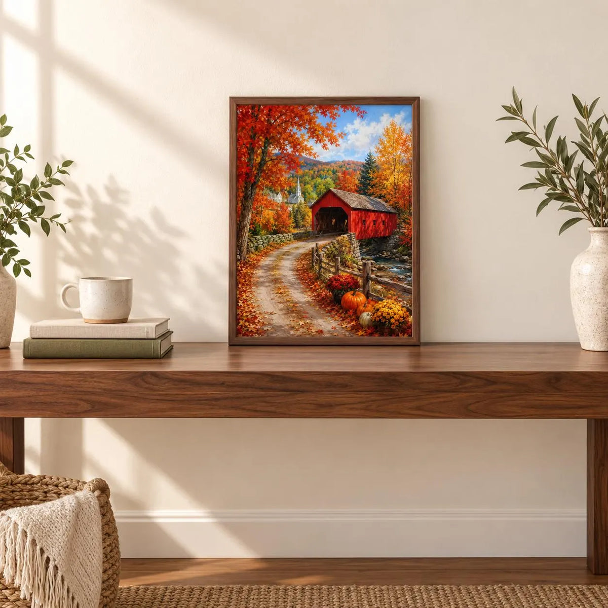 New England Fall Covered Bridge Wall Art Print – 12×16