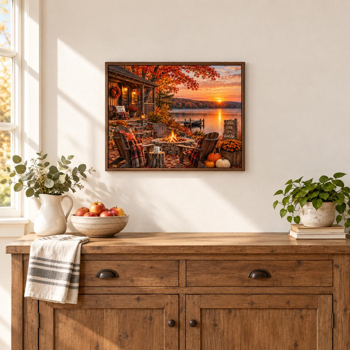 Cozy Fall Lake Cabin Wall Art – 16×12 Autumn Print