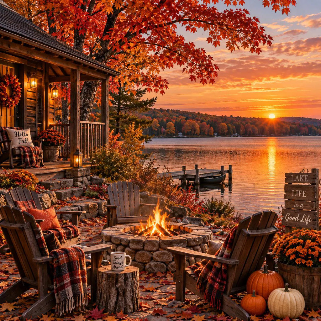Cozy Fall Lake Cabin Wall Art – 16×12 Autumn Print