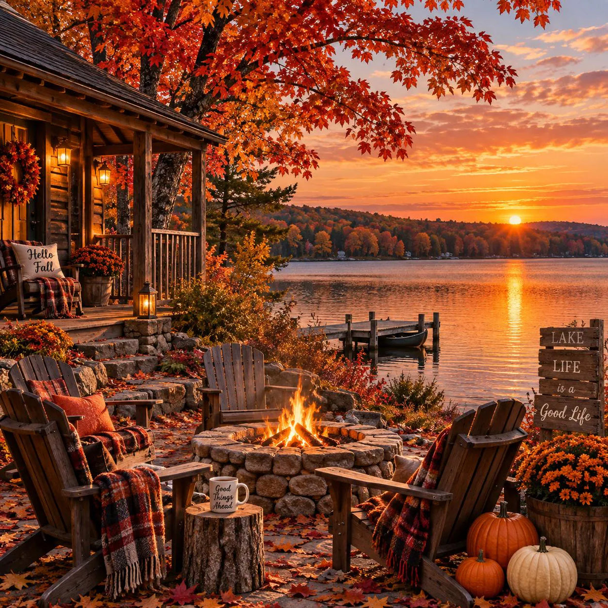 Cozy Fall Lake Cabin Wall Art – 16×12 Autumn Print