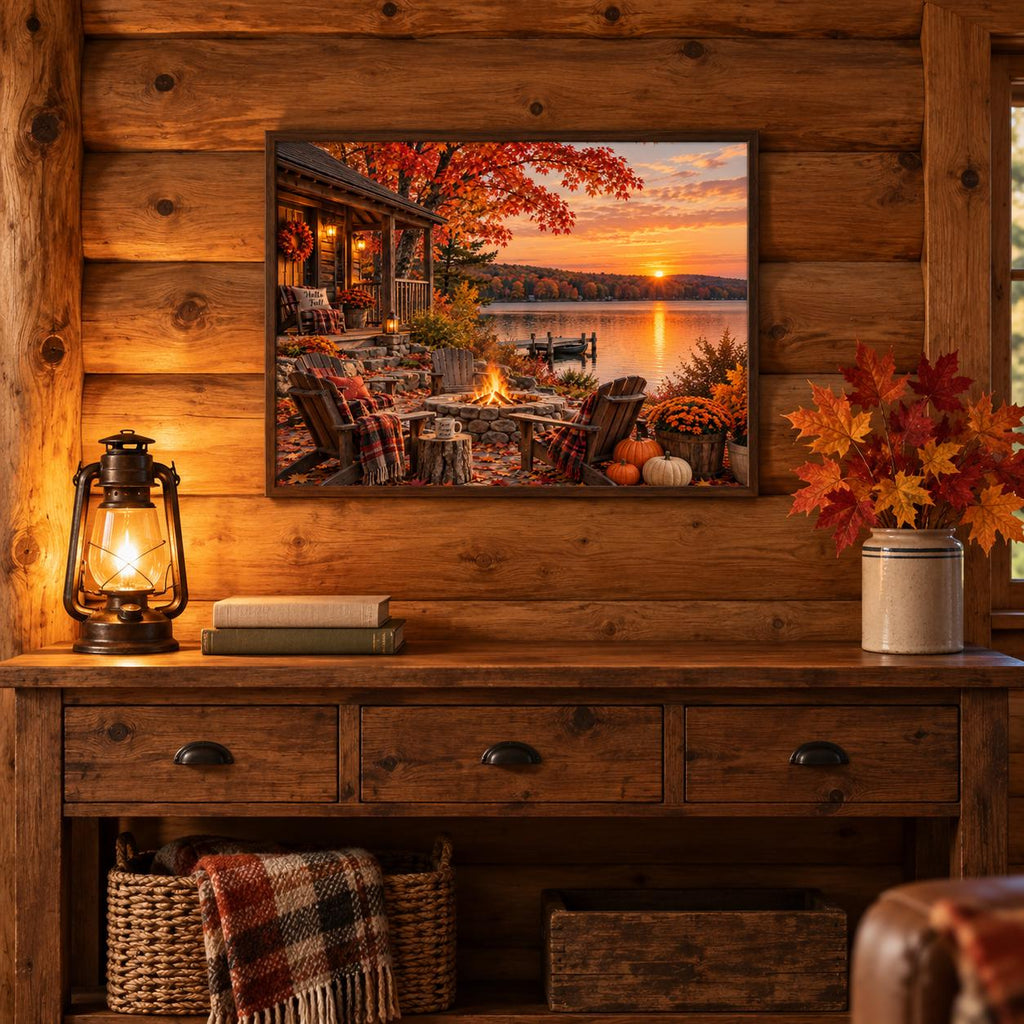 Cozy Fall Lake Cabin Wall Art – 16×12 Autumn Print
