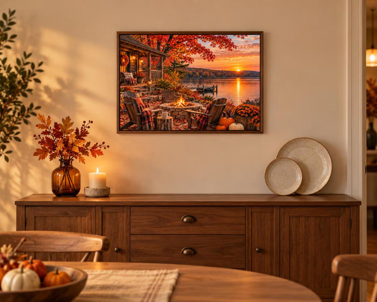 Cozy Fall Lake Cabin Wall Art – 16×12 Autumn Print