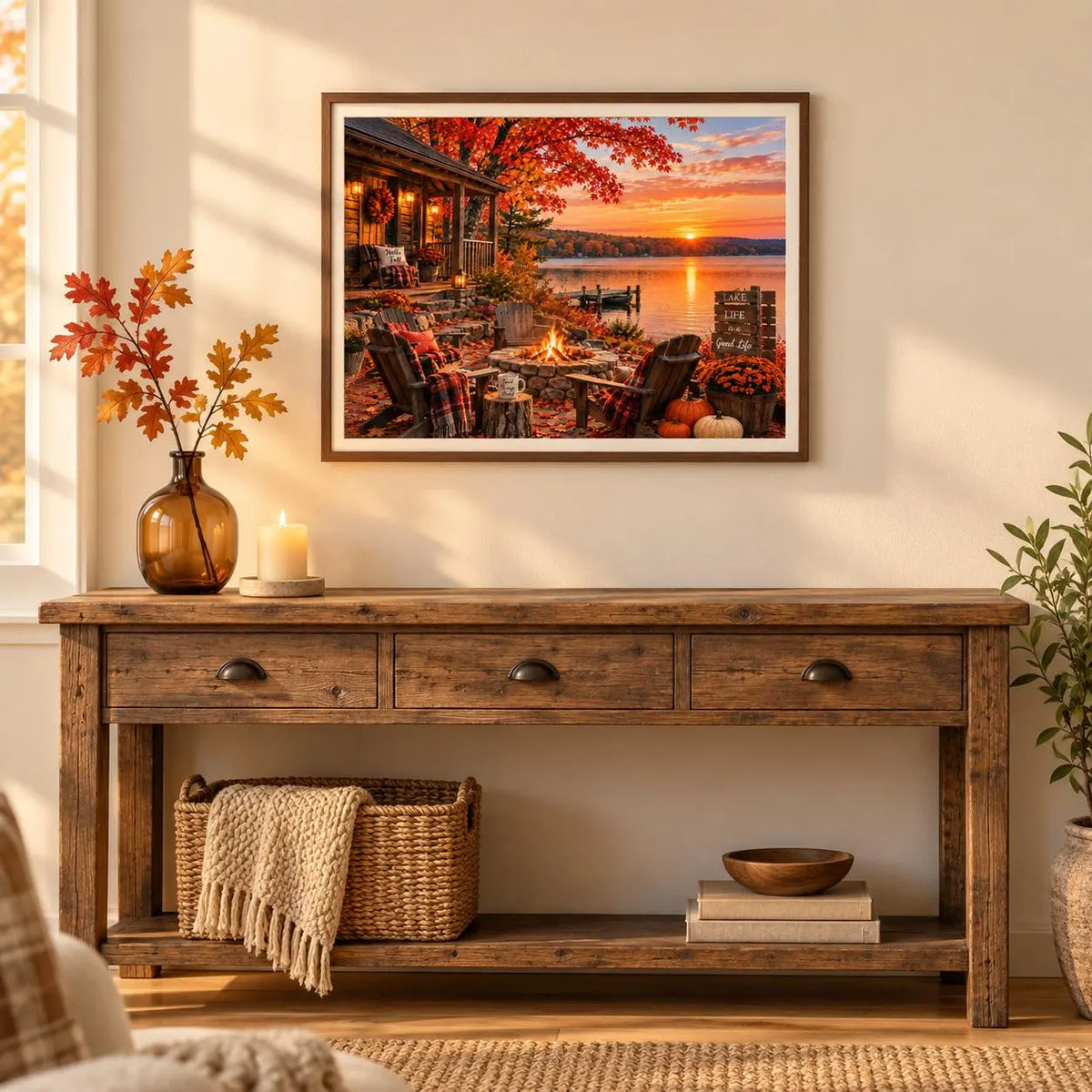 Cozy Fall Lake Cabin Wall Art – 16×12 Autumn Print