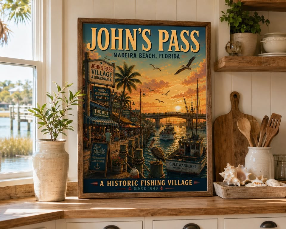 John’s Pass Village Florida Retro Travel Print – 12×16