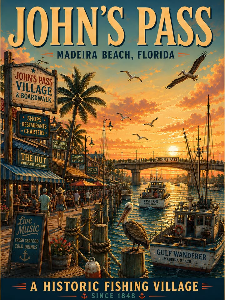 John’s Pass Village Florida Retro Travel Print – 12×16