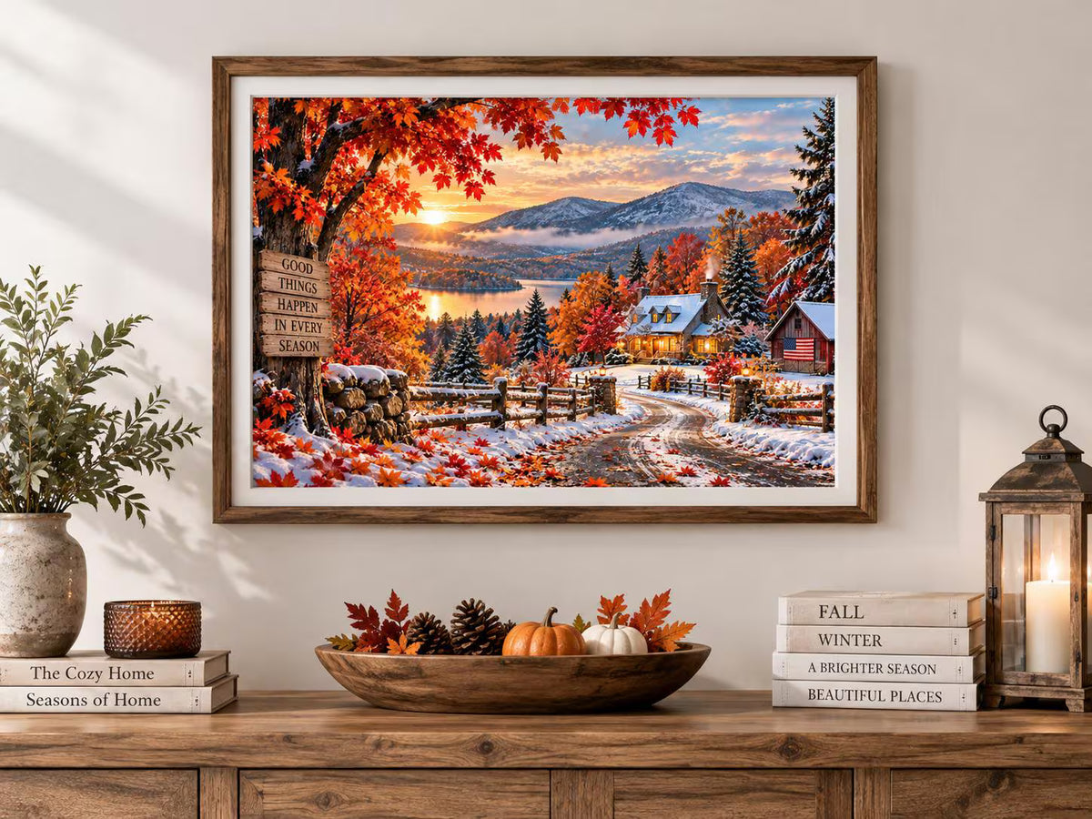 Fall & Winter Wall Art – First Snow Autumn Landscape – 16×12