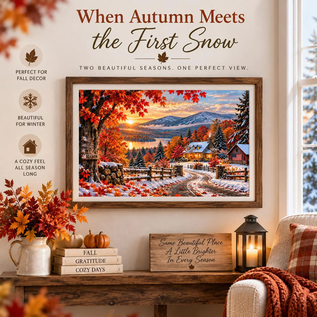 Fall & Winter Wall Art – First Snow Autumn Landscape – 16×12